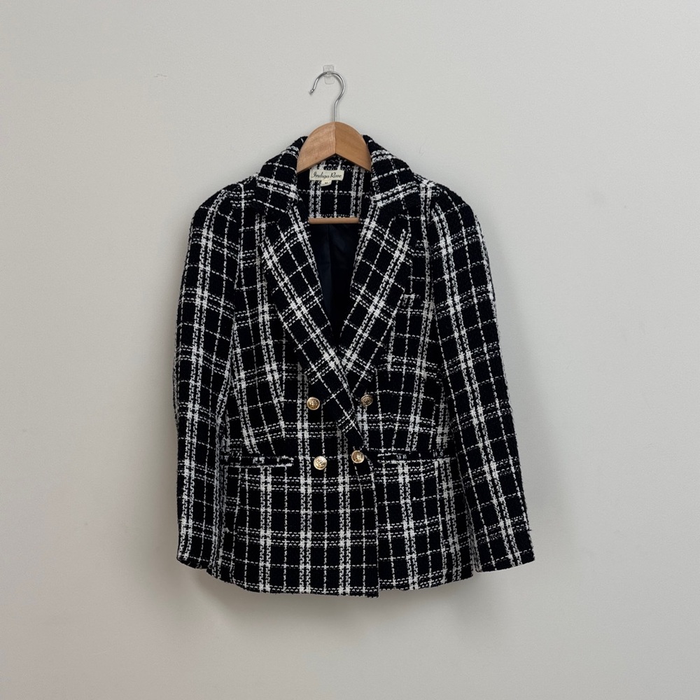Indigo Rose Black White Tweed Boucle Blazer Medium Gold Buttons Chanel Style - Picture 2 of 10